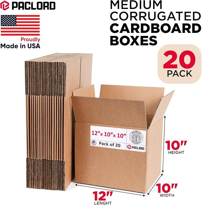 Medium Cardboard Boxes 12"L x 10"W x 6"H (Pack of 20) - USA-Made Packing Boxes for Moving, Shipping, or Storage - USPS, UPS, FedEx Approved - Professional Packing Supplies for Moving | USA-Made Packing Boxes for Moving, Shipping, or Storage - USPS, UPS...