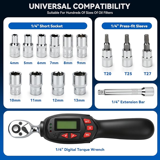 DISEN 1/4 inch Digital Torque Wrench Set with 13pcs Sockets & Extension Bar, 5-25 N.m / 3.7-18.4 Ft.lb, ±2% Accuracy, 3 Modes (Track/Peak/Pre), 5 Units, LED & Buzzer, for Auto Motorcycle Bike DIY