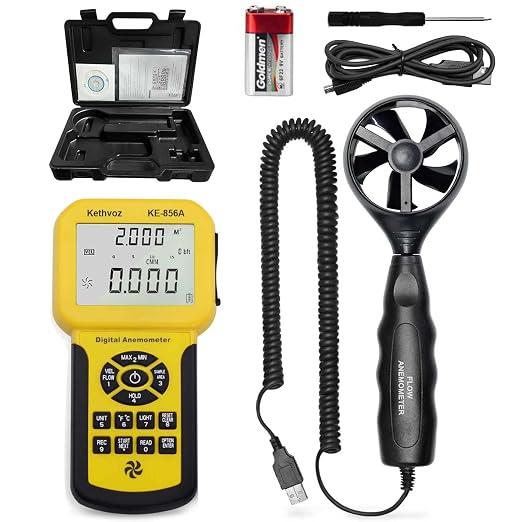 Kethvoz 856A HVAC Anemometer, Commercial CFM/CMM Air Flow Tester w/USB Data Storage & PC Connect - Measures Wind Speed, Air Volume, Temperature for AC, Ducts, Dust Collection Systems