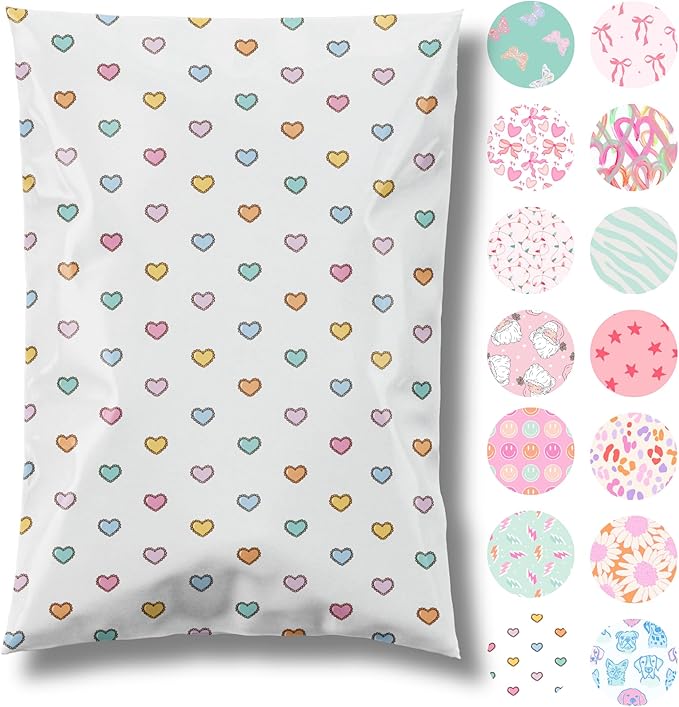 Pretty Package Store Designer Poly Mailers 10x13, Preppy Hearts, 100 Pack | Heavy Duty, Waterproof, Self Seal, Tear Resistant, Shipping Bags for Small Business Packaging, Bulk Mailing Envelopes