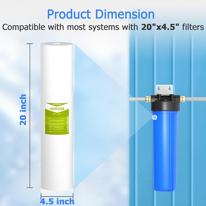 1 Micron 20" x 4.5" Whole House Sediment Filter Cartridge | Melt Blown Polypropylene, Gradient Density Design, High Dirt-Holding Capacity, Fits Standard 20" Big Blue Housings, 6 Pack