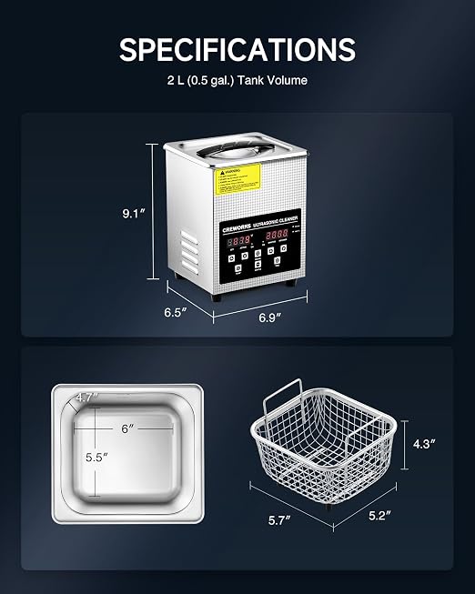CREWORKS 2L Digital Ultrasonic Cleaner with Degas & Gentle Modes, 0.5 gal. Ultrasonic Cleaning Machine with 150W Heater & 1-30 min. Timer, 60W Professional Ultrasound Cleaner for Glasses Toys Tools