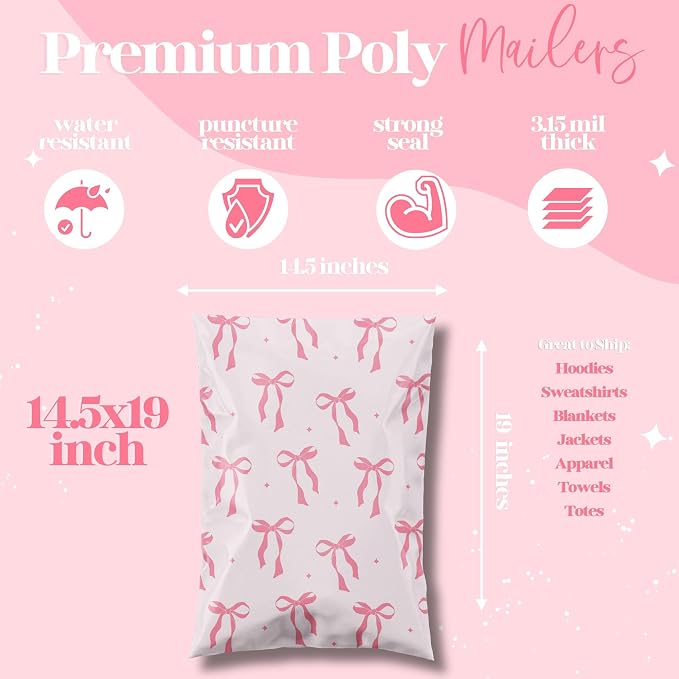 Pretty Package Store Poly Mailer 14.5x19, Pink Bows Coquette, 100 Pack | Heavy Duty, Waterproof, Self Seal, Tear Resistant, Shipping Bags for Small Business Packaging, Bulk Mailing Envelopes