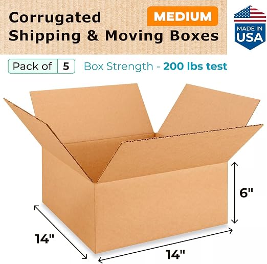 Medium Moving & Shipping Boxes 14 x 14 x 6 inches (5-Pack) - Extra Strength 200 lb vs Regular - USA-Made Corrugated Strong Boxes for Packaging - Moving Cardboard Box - Corrugated Box by IDL Packaging