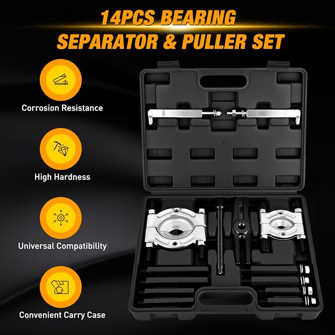 GOOACC 14pcs Bearing Puller Kit, 5 Ton Capacity Bearing Separator with 2" and 3" Jaws, Wheel Bearing Removal and Hub Axle Puller Set, Heavy Duty Gear Splitter Tool Kit, Pinion Pullers with Case, Black