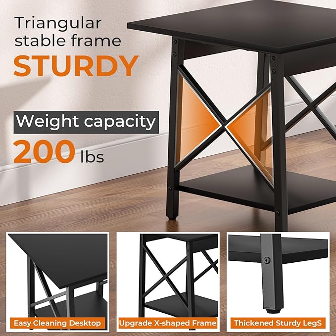 GreenForest Square End Table 24 Inch with X-Frame 2-Tier Storage | Nightstand for Living Room & Bedroom, Rustic Decor, Sturdy, Waterproof Scratchproof Top, Easy Assembly, Black