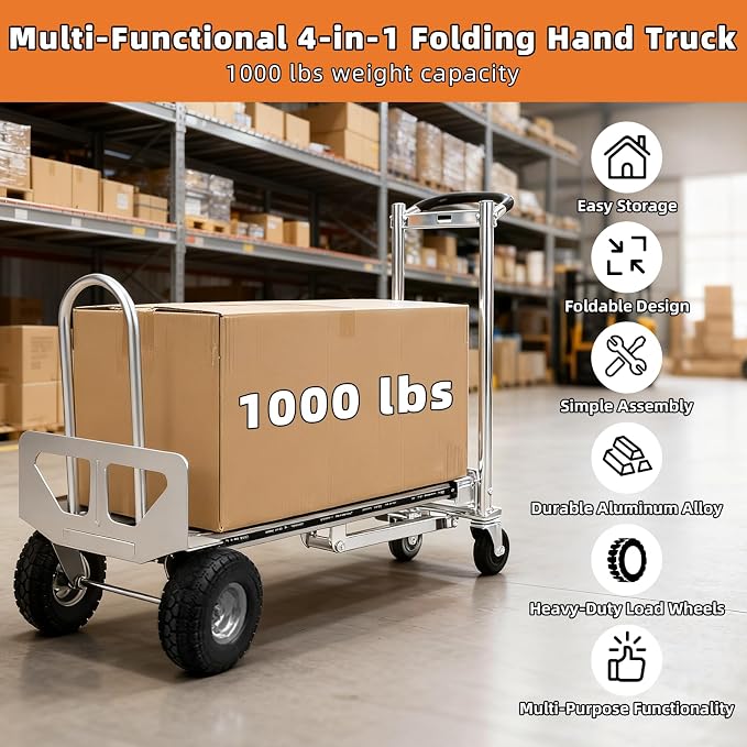 Aluminum 4 in 1 Convertible Hand Truck Dolly, 1000Lbs Capacity, Heavy Duty Folding Hand Truck Dolly Cart with Wheels 10" All-Terrain Tires, Hand Trucks for Logistics, Home, Office, School, Silver