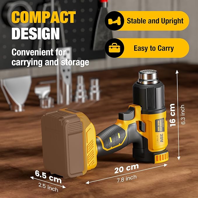 Cordless Heat Gun for De-WALT 20V MAX Battery, 7Pcs Nozzles&Scraper, LED Light, 350W Fast Heating Soldering Hot Air Gun, 2-Temp Setting Max 990℉(532℃), Heat gun for Shrink Tubing, Crafts (Tool Only)