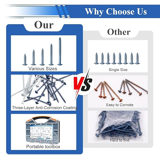 smseace 840Pcs Pocket Hole Screws Assortment Kit #8 x 1, 1-1/4", 1-1/2", 2", 2-1/2" Blue Coated and Zinc Coated Square Drive Pocket Screws with 150mm Drive Bit Wood Screw Set