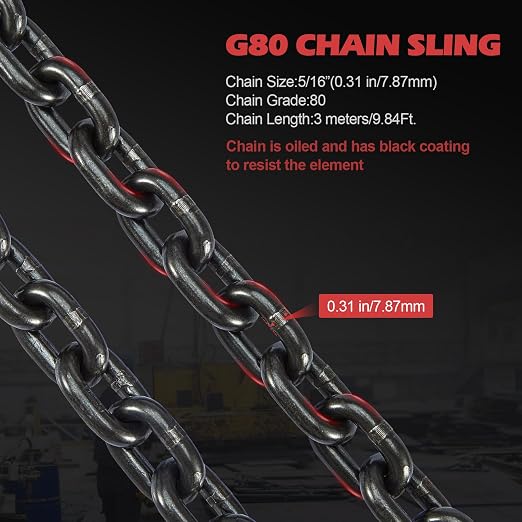 Pindex 5/16 Inch x 10 Ft 7000lbs 3.18 Tons G80 Chain Sling with Adjuster Hooks,Adjustable Length and Angle for Safe Towing