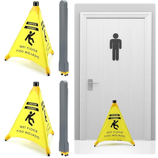 Ceenna 2 Pcs 19.5 Inch Wet Floor Sign Pop-up Safety Cone with Storage Tube Wet Floor Symbol Yellow Warning Sign for Retail, Grocery, Office, Cinema, Restaurant, Mall