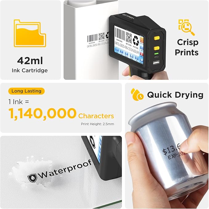 Handheld Inkjet Printer 0.5 Inches Print Height Weighs Only 390g for Batch Code Date Lot Number Print on Plastic Carton Wood Metal Glass Aluminum with 42ml Fast Dry Ink (Black)