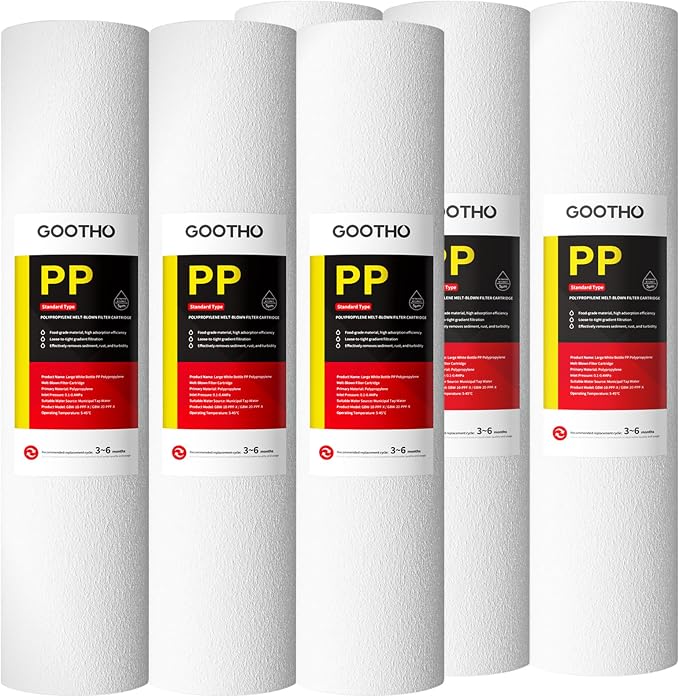 20" x 4.5" 5 Micron Whole House Polypropylene PP Sediment Filter Sediment Filter Cartridge Replacement,Dual-Gradient Density Spun Polypropylene, (Pack of 6), White