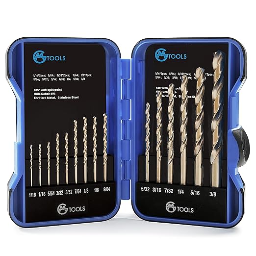 GMTOOLS 15Pcs Cobalt Drill Bit Set, M35 HSS, 135 Degree Tip, Twist Jobber Length Drill Bit Kit for Hardened Metal, Cast Iron, Stainless Steel, Plastic and Wood, with Indexed Storage Case 1/16"-3/8"