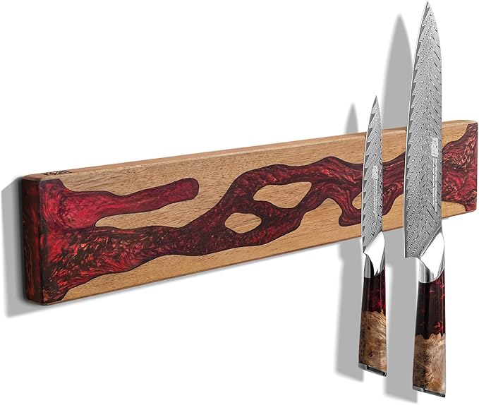 FINDKING Magnetic Knife Strip for Wall, Solid Acacia Wood with Deep Red Resin Inlay, Wall-Mounted Knife Holder with Strong Magnetic Hold, No-Drill Adhesive Mount (18 Inch)