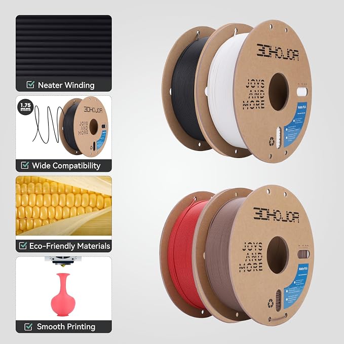 3DHoJor Matte PLA Filament 1.75mm 1kg*4 Bundle Cardboard Spool PLA Filament 1.75 PLA 3D Printing Filament, Print with Most 3D Printers 3D Filament-Deep Black/Milky White/Fire Engine red/Brown
