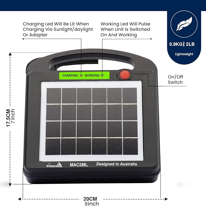 Solar Powered Electric Fence with Lithium Battery Energizer Containment & Protection of Livestock Horses Cattle Sheep Pets Easy Install Charger 0.2 Joules Output (6-9KV)