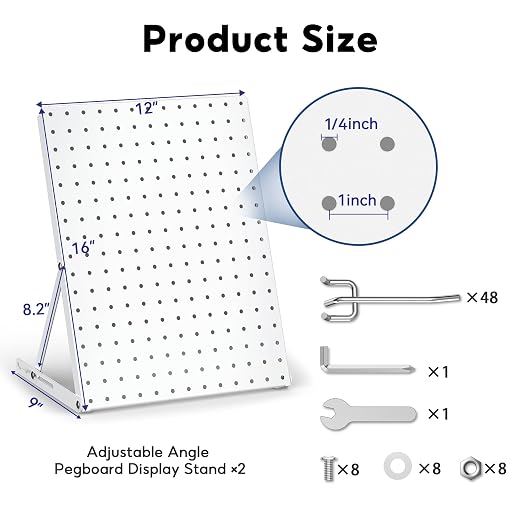 4 Pack Pegboard Display Stand, Sturdy Anti-tip Design,Small Peg Board Tabletop with 48 Hooks, Adjustable Metal Peg Board for Vendor Display, Craft Show, Jewelry Display 16''X12'' – White