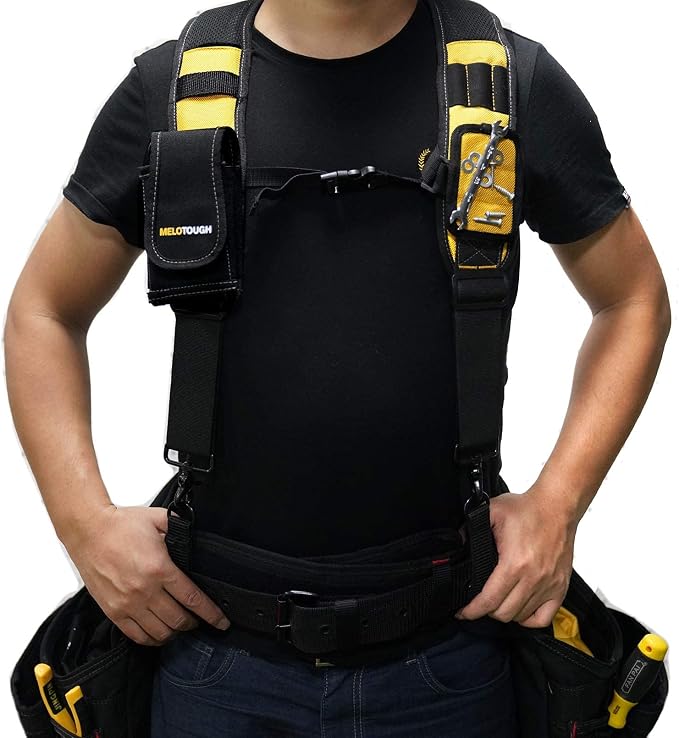 MELOTOUGH 1 PACK Tool Belt with D ring and Strong Durable Double Metal Roller Buckle,Adjustable waist + 1 PACK Magnetic Suspenders Tool Belt Suspenders with Large Moveable Phone Holder