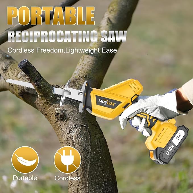 Cordless Reciprocating Saw, Electric Saw with Battery and Charger, 20V Battery Power Saws, 0-3500 SPM Variable Speed, Tool-Free Change, 4 PCS Blades for Wood PVC Metal Pipe Tree Cutting, 2 Batteries