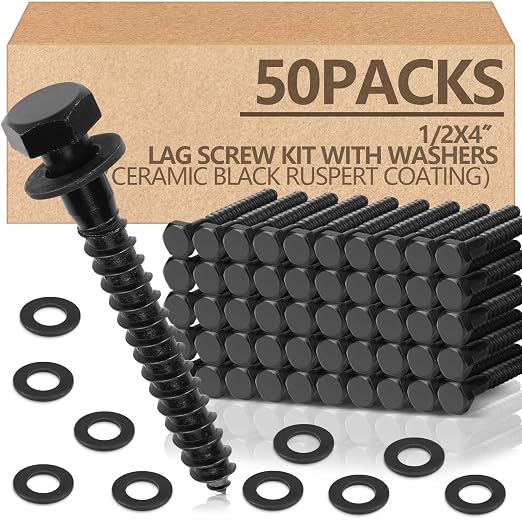 Tandefio 50 Pack 1/2''x 4'' Ceramic Black Lag Screw Kit with Washers Hex Lag Bolts Wood Screws Heavy Duty Hot Dip Galvanized Double Layer for Wood Decks Fences