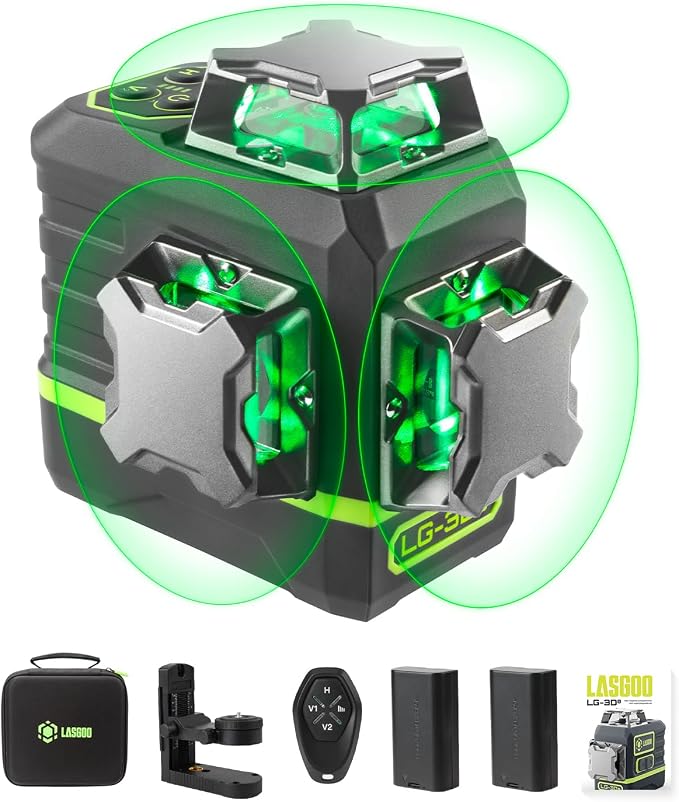 LasGoo Laser Level Self Leveling 360°x3 Green Cross Line Laser Tool for Construction and Picture Hanging, Remote Control, Professional Magnetic Rotating Stand, 2 Rechargeable Batteries - LG-3Ds