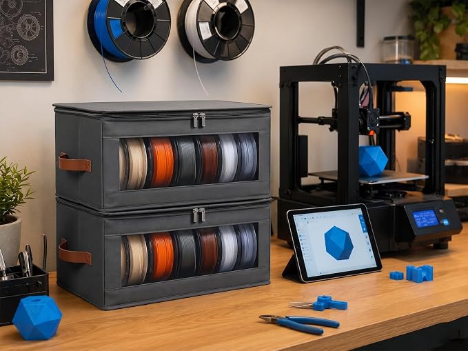 Qozary Filament Storage Box - 4 Pack 3D Printer Filament Storage Containers with Desiccants, Holds Up to 24 Rolls, 3D Printing Accessories Holder Rack for Home, Office Workshop, Studio
