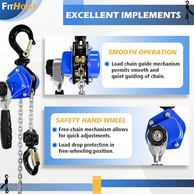 Mini Chain Hoist 1/2 Ton 1100Lbs Capacity 5Ft Lift Manual lever chain hoist Alloy Steel G80 Chain 2 Heavy Duty Hooks, for Garages Warehouse Automotive Machinery
