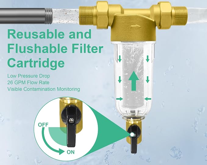 40/100/200 Micron Spin Down Sediment Filter, Pre-Filtration System for City/Well Water, Reusable Brass Whole House Sediment Water Filter, 1'' MNPT + 3/4'' FNPT + 3/4'' MNPT