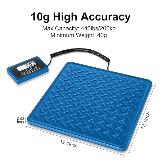 Fuzion Shipping Scale, 440LB x 10g Postal Scale, Hold & Tare Function | Durable Alloy Steel Platform, Heavy Duty Scale for Packages, Luggage, Large Floor Scale Battery and AC Adapter Included
