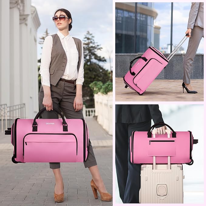 DEVPNR Rolling Garment Bags for Travel, 59L Rolling Duffle Bag with Wheels and Shoe Compartment for Men and Women, 3 in 1 Carry on Convertible Travel Garment Bag with Wheels, Pink