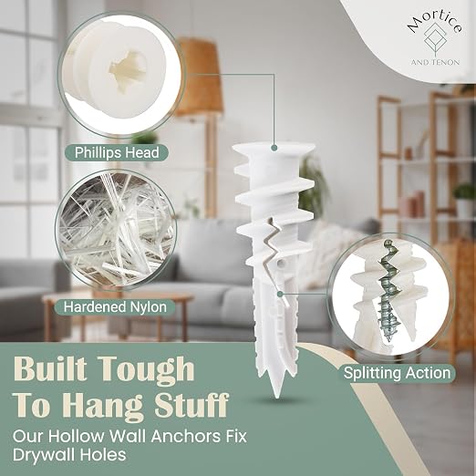 Reinforced Nylon 66 Drywall Repair Anchors - 90lb, Small Wall Hanging Kit for Apartment Quick Fixes & Towel Rack with Carbon Steel Screws, 10 Dry Wall Anchors and 10 Phillips Flat Head Wood Screws
