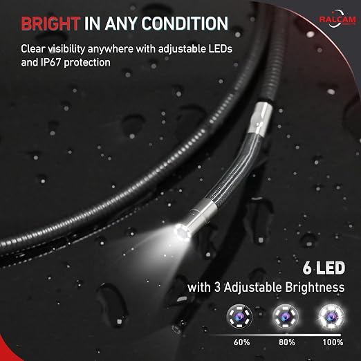 RALCAM Two-Way Articulating Borescope, 5" Industrial Endoscope Camera with Light, 0.24in/6.2mm Slim Probe, 5FT Semi-Rigid Video Inspection for Automotive Engine, HVAC, Mechanical, Wall