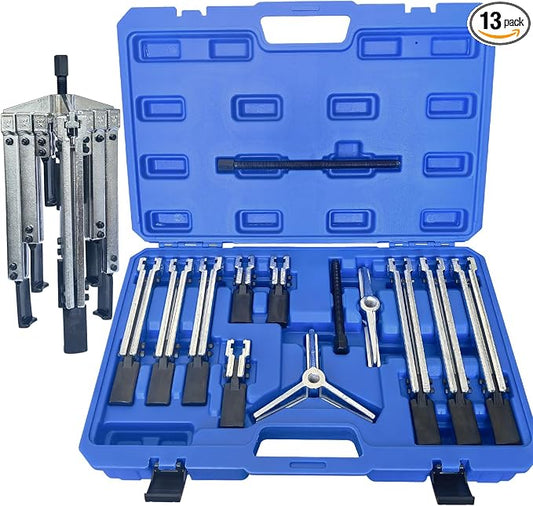 Gear Puller Set, 13Pcs Large Bearing Puller Kit, 2 Jaw & 3 Jaw Gear Puller, Heavy Duty Cr-V Steel Pulley Flywheel Puller for Removal Bearings, Gears, Pulleys and Flywheels Vehicles and Machinery.