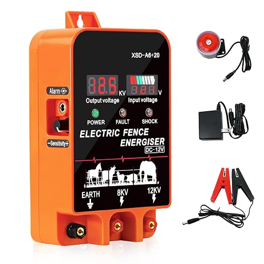 5.5J Electric Fence Charger Energizer, 5.5 Joules 10 Miles, AC DC 2 in 1 Powered Supply, Input 12V Output 8 KV or 12KV, with Display and Alarm, Contain Cattle Cow and Livestock, No Remote