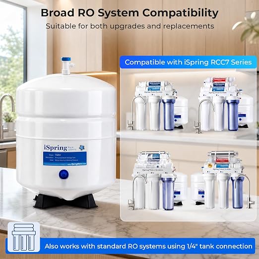 iSpring T32M Pressurized Water Storage Tank with Ball Valve for Reverse Osmosis RO Systems, 4 Gallon, 1/4" Tank Valve Included, White