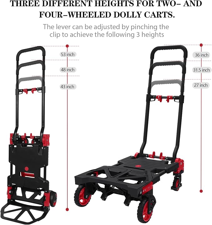 Folding Hand Truck 330lbs Capacity Heavy Duty Dolly Cart with 2 Elastic Bungee Rope,4 Rubber Wheels,Retractable Handle,Convertible Portable Cart Luggage,Travel,Moving,Shopping,Office Use.