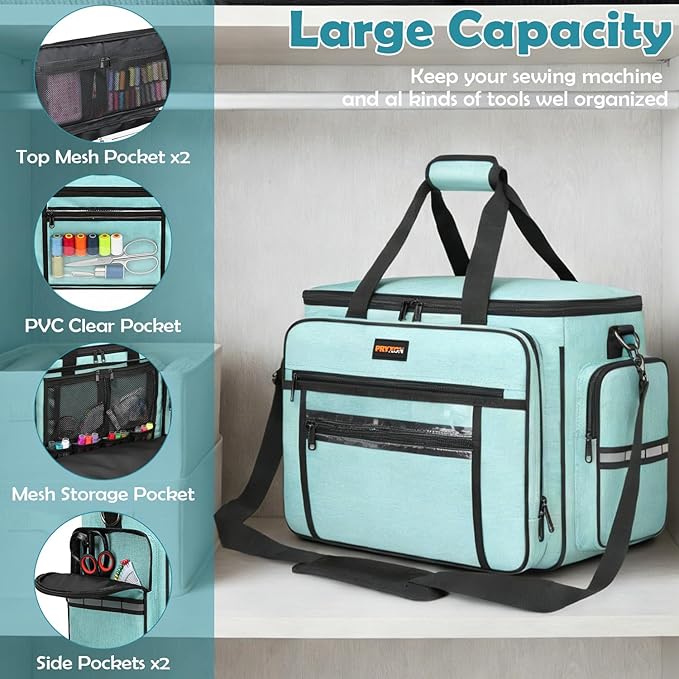 Sewing Machine Case with Wheels - Detachable Rolling Sewing Machine Case Fits Most Standard Sewing Machines And Storage Sewing Accessories, For Singer, Brother, Janome, Teal