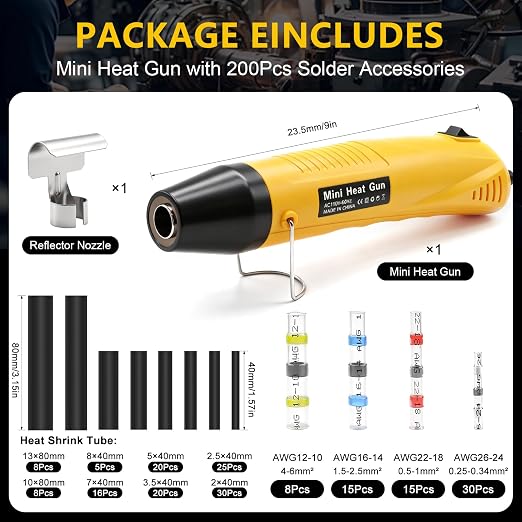 200PCS Heat Shrink Solder Seal Wire Connectors Kit with Mini Heat Gun, Solder Stick Wire Connectors Waterproof Wire Electrical Connector Kit for Marine, Automotive, Boat, Truck (26-10 Gauge)