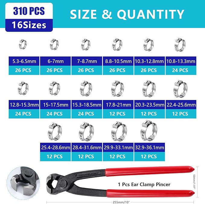310pcs 16 Sizes Single Ear Hose Clamps, 5.3-36.1mm 304 Stainless Steel Crimp Hose Clamps,Cinch Rings Assortment Kit for Automotive, Pipe, Plumbing, Home Appliance Line with Ear Clamp pincer