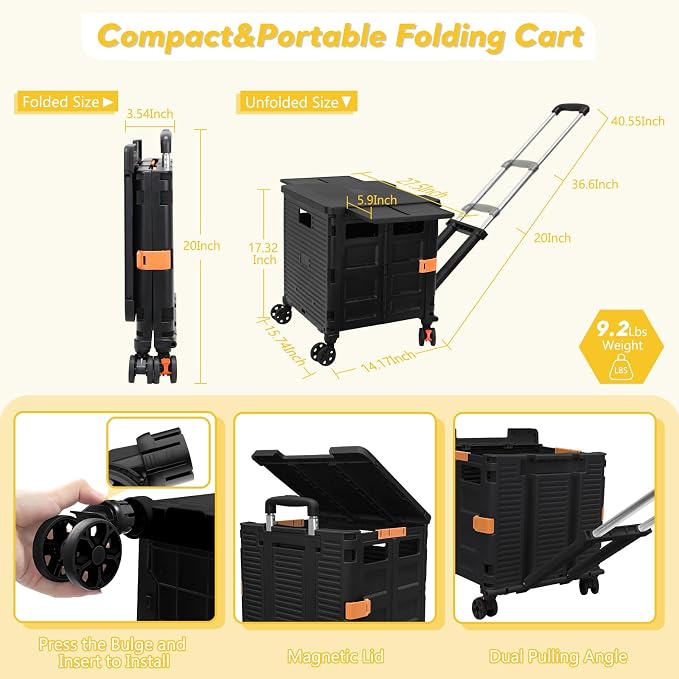Foldable Utility Cart Rolling Crate Handcart Shopping Cart with Rotate Wheels Extended Magnetic Lid Telescoping Handle Adjustable Angle for Transports Groceries Office Teacher File(Black)