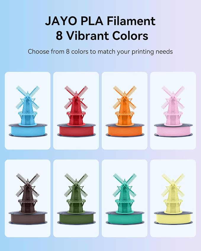 JAYO PLA 3D Printer Filament Bundle 2KG, 1.75mm Dimensional Accuracy +/- 0.02mm, 8 Pack 0.25kg Spool (Sky Blue, Cherry Red, Sunny Orange, Sakura Pink, Chocolate, Olive Green, Mint Green, Lemon Yellow)