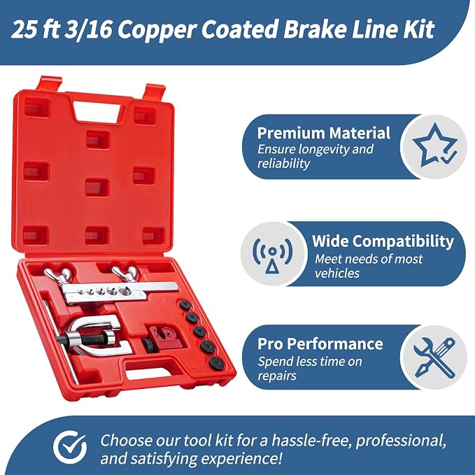 25 ft 3/16" Copper Coated Brake Line Kit 16 Brake Line Fittings and 4 Unions Brake Line Fittings Double & Single Flaring Tool Kit Brake line Bender