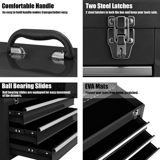 ERGOMASTER Portable Tool Box, Metal Tool Box with 3 Drawers, Lockable Heavy Duty Tool Chest Storage Toolbox for Garage, Workshop (Black)