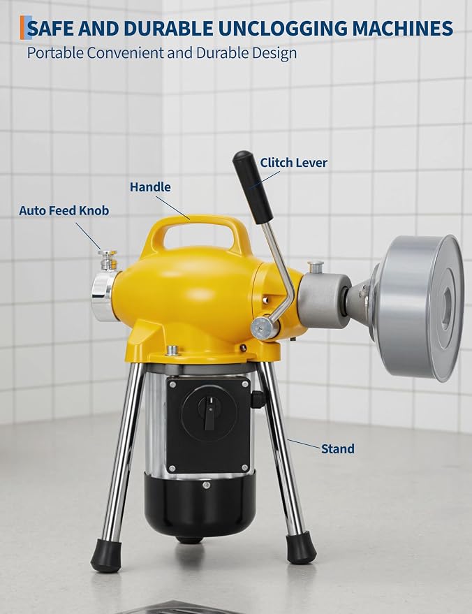 Portable Drain Cleaner Machine, Electric Sewer Snake Drain Auger with 66FT x 5/8" & 16FT x 3/8" Steel Cables and 7 Cutters, 500w Power Drain Cleaner Machine Auto Feed Pipe Snake for 3/4" to 4" Pipes