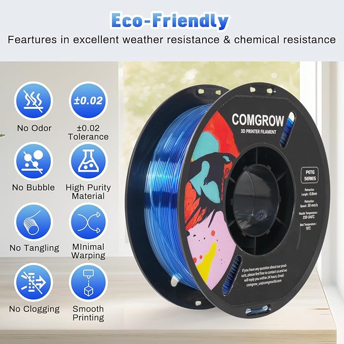 Comgrow PETG 3D Printer Filament 1.75mm, High Precision and Tough 3D Printer Filament 1kg (2.2LBS), Dimensional Accuracy +/- 0.02 mm, Fit Most 3D Printers Gradient Blue White