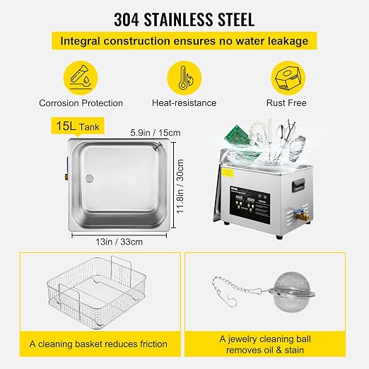 VEVOR 15L Upgraded Ultrasonic Cleaner (600W Heater,360W Ultrasonic) Professional Digital Lab Ultrasonic Parts Cleaner with Heater Timer for Glass Dental Instruments Cleaning
