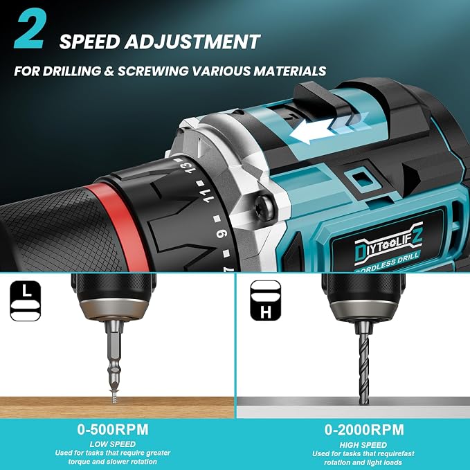 DIYtoolifz Power Drill Cordless Compatible with Makita 18V Battery (Tool Only) 1/2" Brushless Electric Drill Set,440 In-lbs(50N.m) Electric 18V Drills Driver Tool, Variable Speed Mode for Home,Garden
