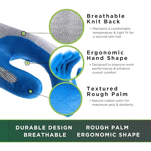 SHOWA Atlas 300 Original 1994 Crinkle Grip Work Gloves, Natural Latex Palm, Heavy Duty 10-Gauge for Construction, Landscaping, Gardening, & Masonry, Blue, Large, Vending Pack, 12-Pack