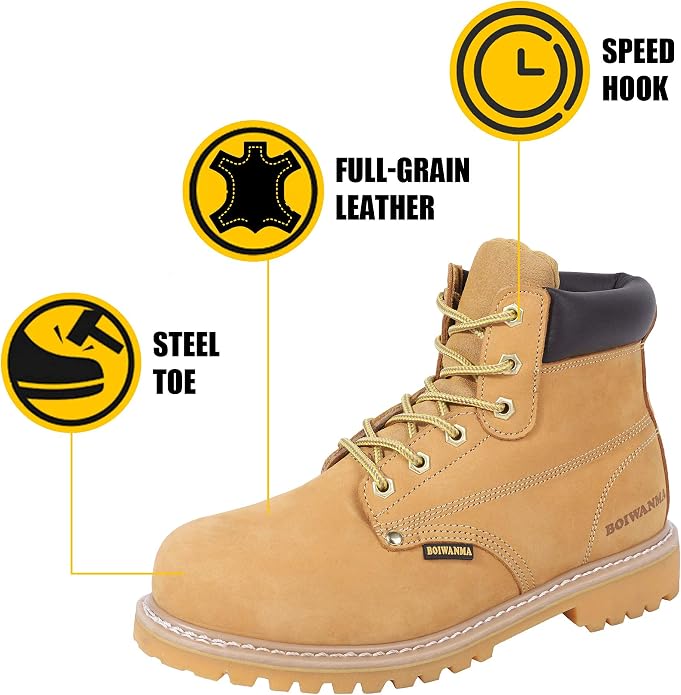 Work Boots for Men, Steel Toe, Leather, Oil, Slip and Heat Resistant Heavy Duty Wide Industrial & Construction Safety Boots, US 7-17 M & W